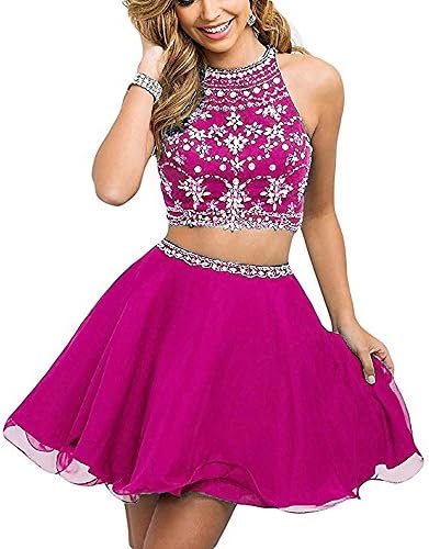 HEAR Women's Two Pieces Chiffon Homecoming Dresses Halter Beaded Rhinestone Short Prom Gown Open Back WWW666