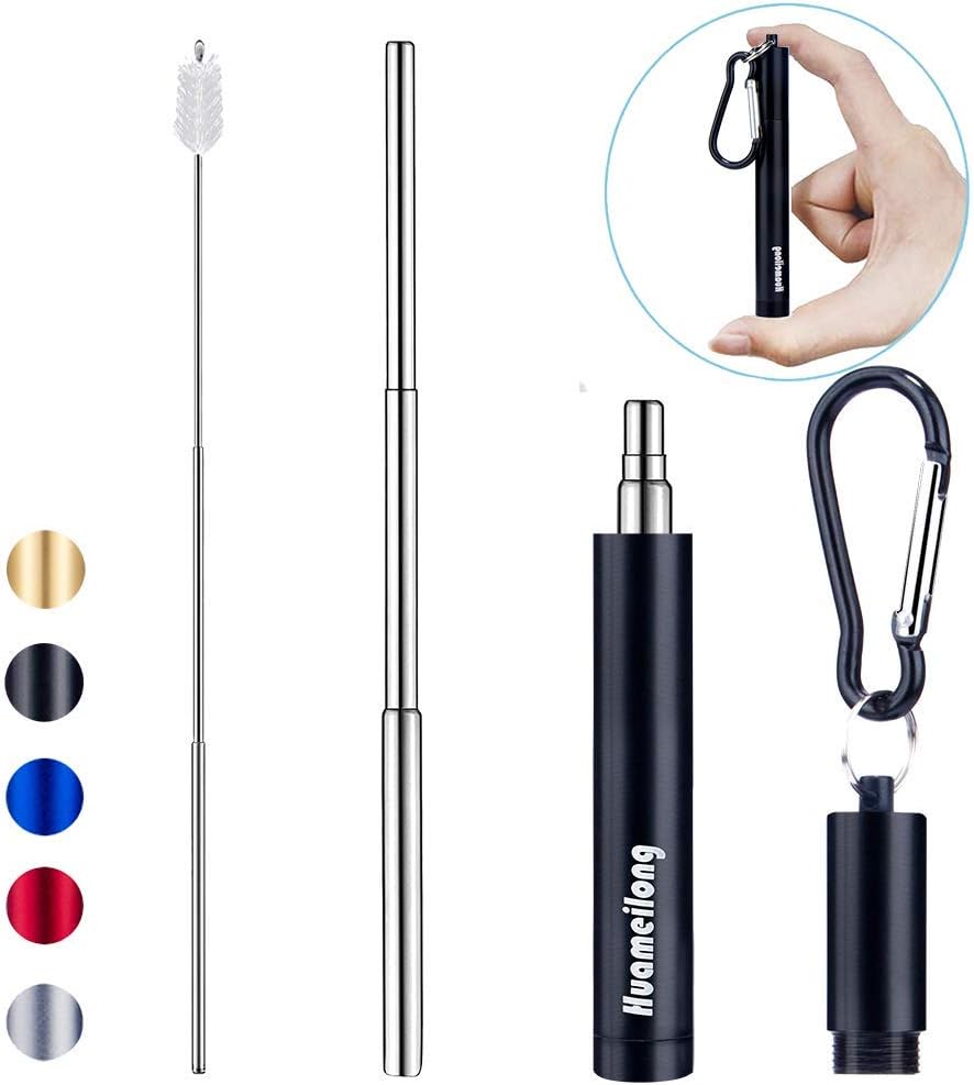 [Upgraded] Portable Collapsible Reusable Straws - Telescopic Stainless Steel Metal Travel Straw Drinking with Case, Cleaning Brush and Keychain, by Huameilong, Black