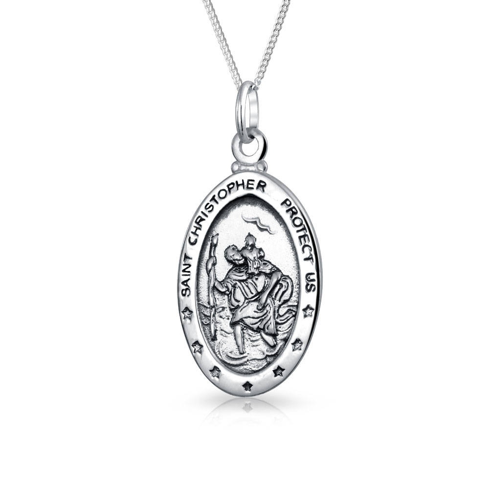 Bling Jewelry Personalized Parton Of Safe Travel Protect Us Medal Medallion Oval Saint Christopher Pendant Necklace For Women .925 Sterling Silver โ image 1