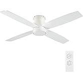 WINGBO 44" Flush Mount DC Ceiling Fan without Lights, 4 Reversible Blades in White/Oak Finish, Ultra Quiet 6-Speed DC Motor, 