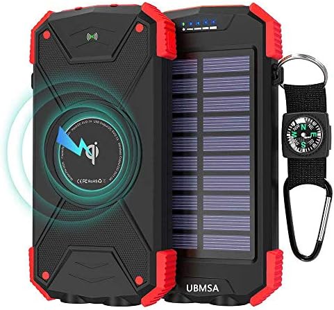 UBMSA Solar Charger,Qi Wireless Portable Power Bank 10000mAh External Battery Pack,Type C Input Port, Waterproof,Solar Panel Charging, DC5V/2.1A Compatible with All Smartphone,Tablet (Red)