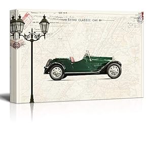 Canvas Wall Art - Classic Vintage Green Car on Retro Style Background - Giclee Print Gallery Wrap Modern Home Art Ready to Hang - 12x18 inches
