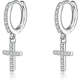 SLUYNZ Solid 925 Sterling Silver Cross Hoop Earrings for Women Teens Small CZ Hoop Earrings Huggie Drop