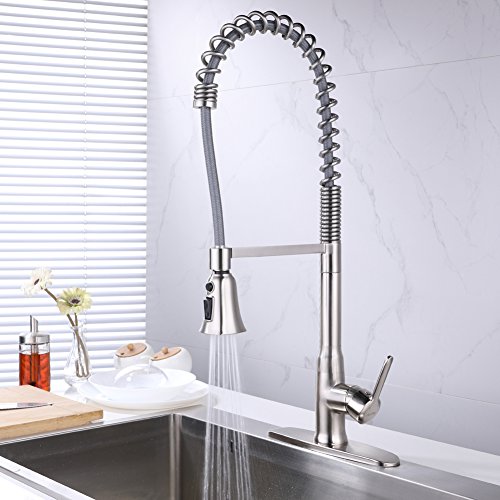 Lead Free Pull Down Kitchen Faucet With Pull Out Sprayer High Arc Single Handle Single Lever Pre-Rinse 304 Stainless Steel Spring Kitchen Sink Faucets With Deck Plate Brushed Nickel SonTiy - Thumbnail 2