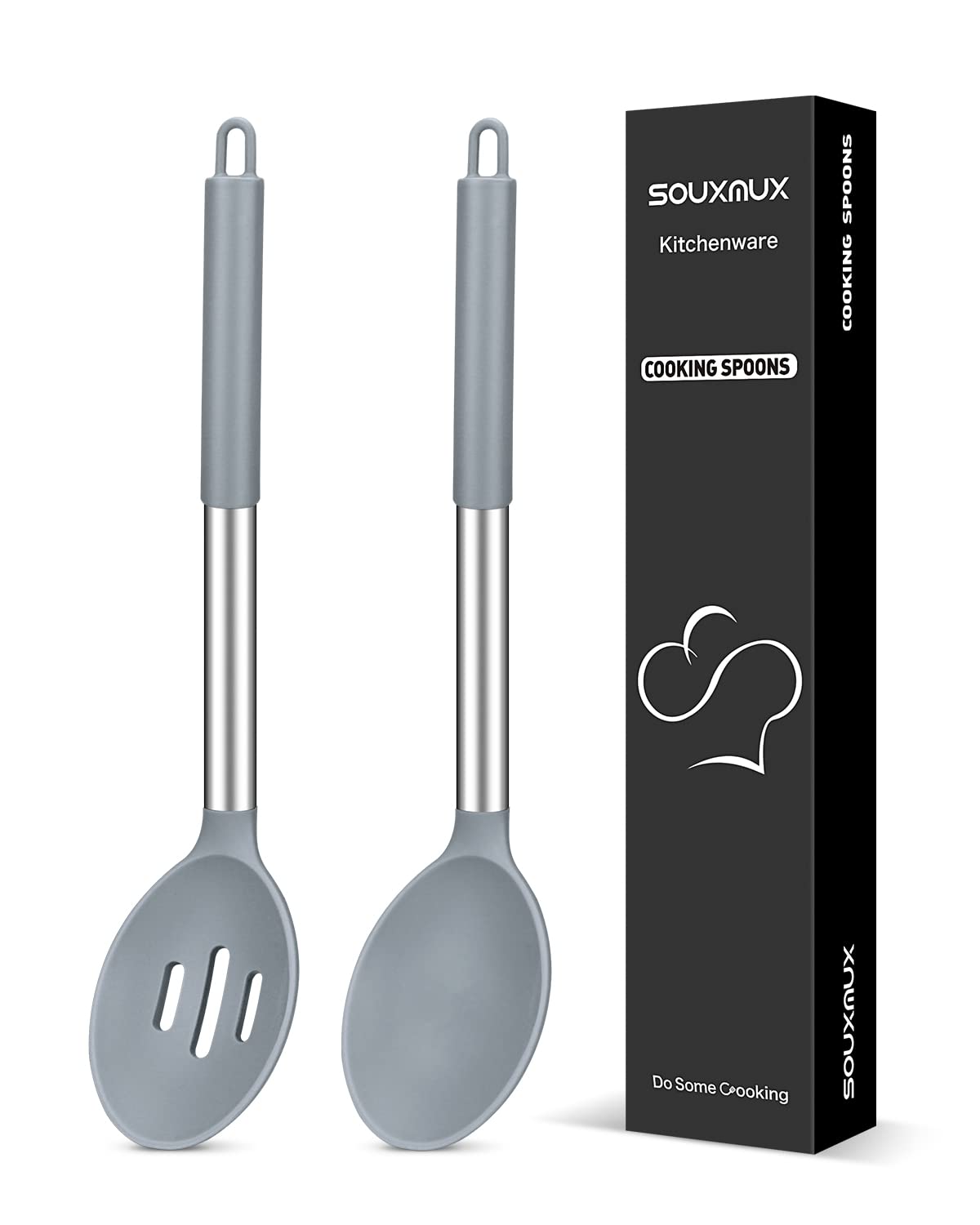2 Pcs Silicone Cooking Spoons, Solid and Slotted Spoon Set, Non-Stick BPA Free Heat-Resistant Basting Kitchenware for Soup, Serving, Draining, Stirring（Grey）