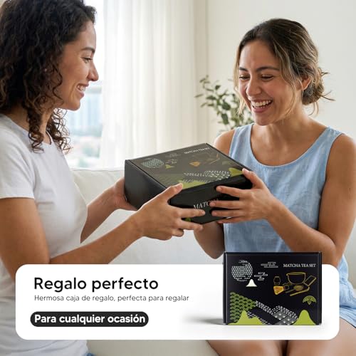 Kit de Té Matcha Tradicional, Juego de Té Matcha 8 Piezas – Tazón de Cerámica Artesanal, Batidor de Bambú, Soporte y Cuchara Kit Completo para Ceremonia de Té Japonesa en Casa (negro)