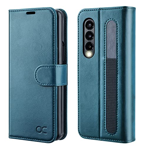 OCASE Compatible with Samsung Galaxy Z Fold 3 5G Case with S Pen Holder, PU Leather Galaxy Z Fold3 5G Flip Folio Wallet Case with RFID Blocking Card Holder Kickstand Phone Cover 2021,Peacock Blue
