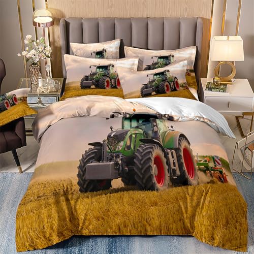 Wintdeer Bettbezug, Traktor, Bettwäsche, für Einzelbett, 140 x 200 cm, 3er Set, 100% Mikrofaser, 3D-Digitaldruck, Anti-Flüssigkeit, Allergiebeständig