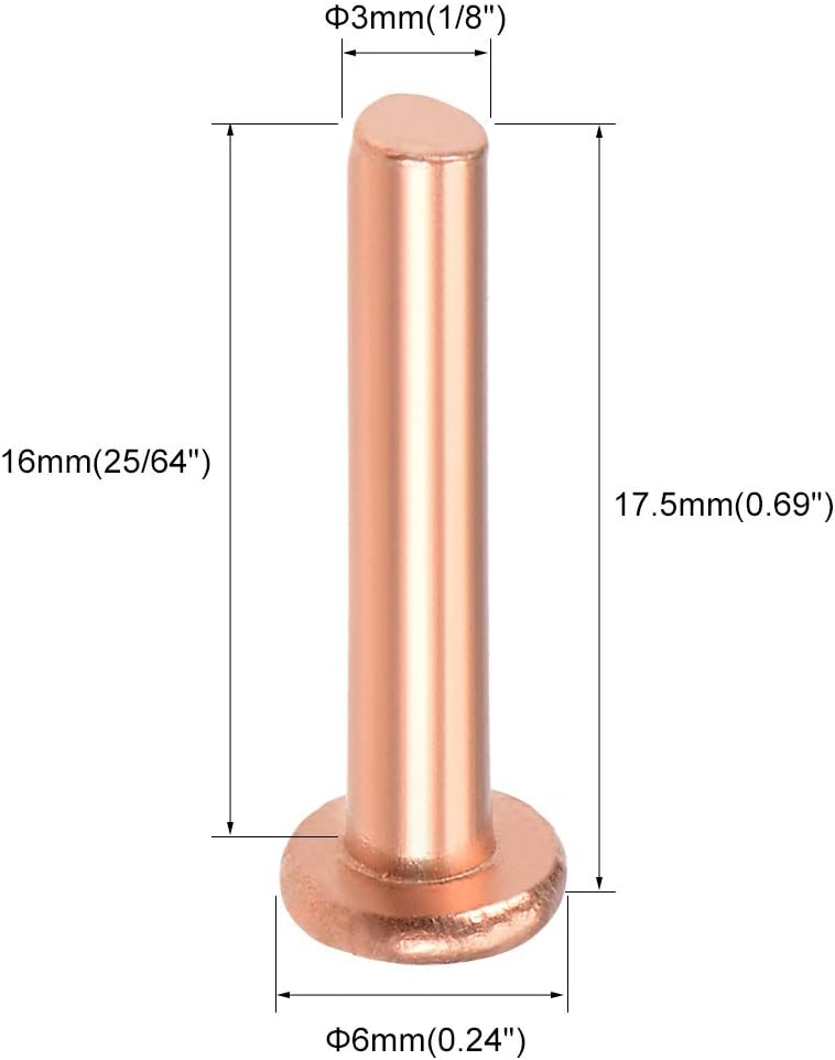 sourcing map 25 Pcs 1/8" x 25/64" Flat Head Copper Solid Rivets Fasteners - Image 3