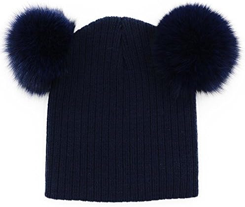 Hiloving Winter Hats With Real Double Fox Fur Pompom Cute Baby Girls Boys Beanie(Navy Blue)