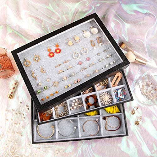 Mebbay Stackable Velvet Jewelry Trays Organizer Set with Clear Lid