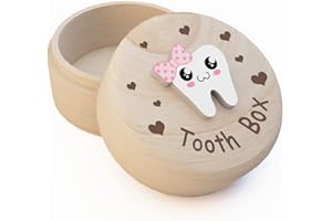 Azbuk Tooth Box for Girls, Heart Carved Wooden Box with 3D Tooth, Stores Lost Teeth for Kids, Easy to Carry, Souvenir Dropped Tooth Keepsake Storage Box Gift for Little Girl（P-bowtie-T）