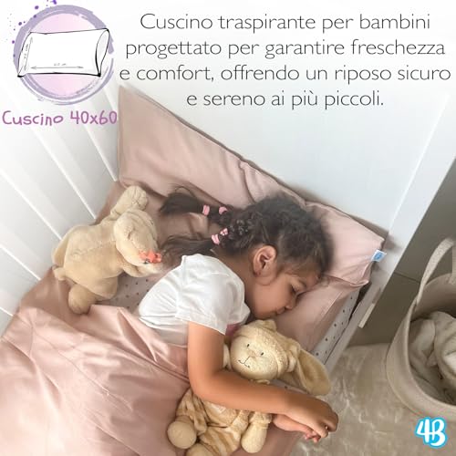 4BABIES - Baby Cot Cushion 40 x 60 cm, Breathable Hypoallergenic Children's Pillow with 100% Italian Cotton Cover, Hypoallergenic Anti-Dust Mite for Crib