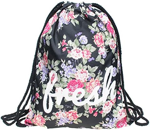 Boleke Women Print Gym Drawstring Backpack String Bags School Rucksack Handbag(animal,emoji)15"x11"(Fresh Flower)