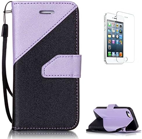 Apple iPhone SE/5S/5 Case + Free Screen Protector CasesHome Stitching Color Wallet Design with Card Slots Wrist Strap Silicone Bumper Faux PU Leather Shell[Black and Light Purple]