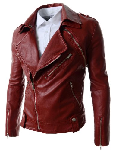 (JK801) TheLees Slim Fit Rider Style Faux Leather Detachable Vest Layered Jacket RED Medium(US Small)