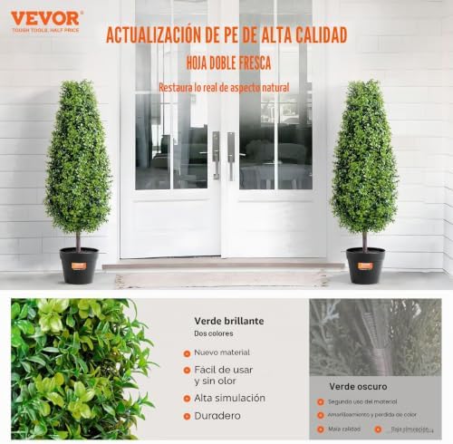 Árbol Topiario Artificial de Boj, 2 Piezas, Planta Verde Artificial con Hojas Adicionales, Maceta y Pequeña Decoración, con Clasificación UV para Decoración del Hogar, 300 x 300 x 920 mm, PE