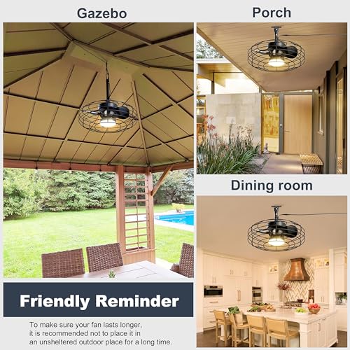 Coolbull Outdoor Ceiling Fans with Light for Patios, 20'' Wet Rated Gazebo Fan Remote&APP Control, Dimmable Hanging Fan with Plug in Cord for Pergola, Black