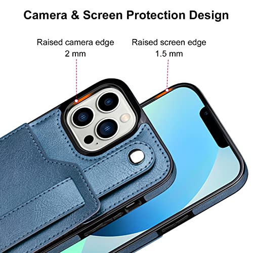 Vofolen for iPhone 13 Pro Max Case Wallet Protective Case with Credit Card Holder, PU Leather Shockproof Shell with Wrist Strap Kickstand Cover Compatible with iPhone 13 Pro Max 6.7 inch, Blue