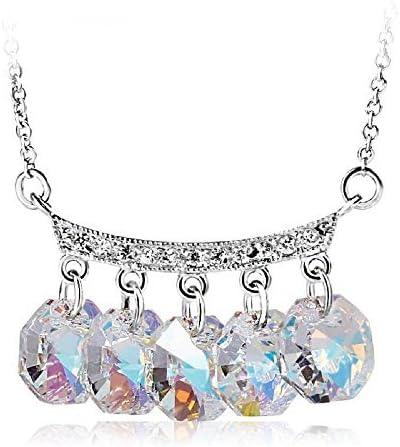 Women's Austrian Crystals 5-Stone Aurora Borealis Hanging Statement Necklace with Silver Tone Plating, 16" + 2" Extender