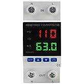 Voltage Protector 110V, 1-63A Adjustable Smart Circuit Breaker | High/Low Voltage Cutoff and Overcurrent Protection, Switch from 110V to 220V manually, DIN Rail Mount