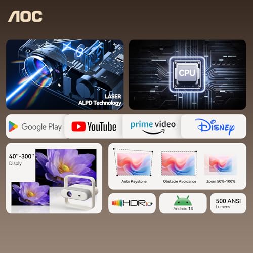 AOC Smart Projector Native 1080P 4K Support, 15000 Lumens, Android 13, WiFi 6 BT 5.2, Auto Focus & Keystone Portable Outdoor Projector, 360° Rotatable Projector with Built-in Apps & Dual Speakers