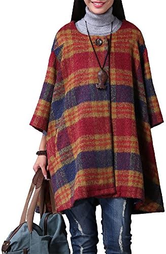 Duberess Women's Casual Loose Cloak Wool Outerwear Coats (One size, Red Checked)