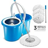 Premium All In One Stainless Steel 360 Spin Mop & Bucket System ~ Self-Wringing Mop With 3 Microfiber Mop Heads ~ Extended Length Adjustable Mop Pole with Stainless Steel Mop Plate