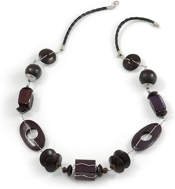 Amazon Avalaya ディープパープル ブラウン ウッドビーズワイヤー ディテールとブラックフェイクレザーコードネックレス 長さ66cm チェーン 通販