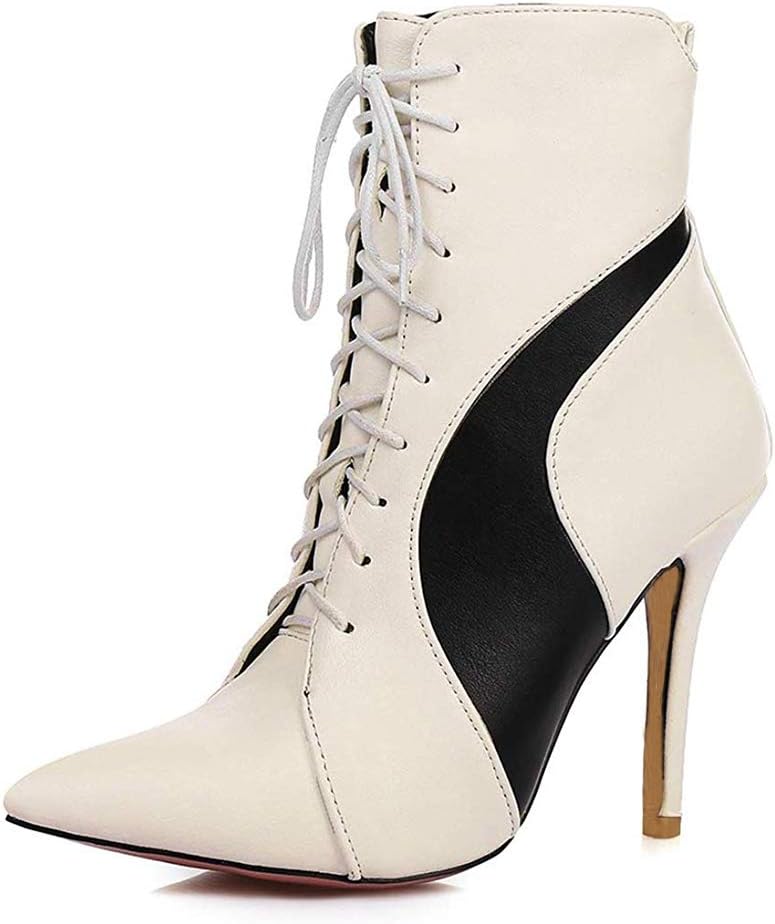 KingRover Women's Fashion PU Pointed Toe Stiletto High Heel Lace Up Zipper Party Prom Ankle Boots