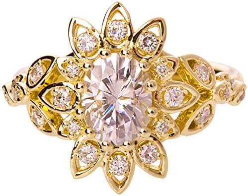 Solid 18K Yellow Gold Forever One Oval Moissanite Halo Engagement Ring For Women Unique Promise Charles and Colvard