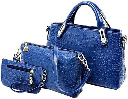Vnfire Women's Elegant 3Pcs Crocodile Pattern PU Leather Tote Bag Shoulder Handbag Crossbody Messenger Bag Purse Sets Blue
