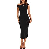 IHOT Women's Sleeveless One Shoulder Bodycon Ruched Slit Wedding Guest Cocktail Midi Dress