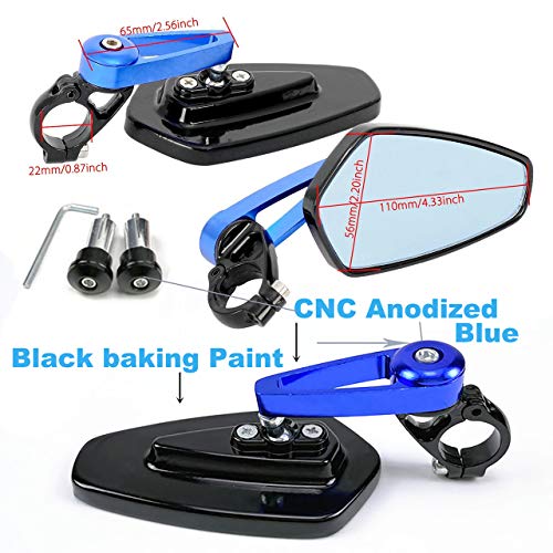 Yibid 7/8" Motorcycle CNC Billet Aluminum Handle Bar end Mirrors Triangle Side Rearview Universal for 7/8 inch Handlebar Honda Kawasaki Suzuki Yamaha Harley Ducati Racer Street Bike (Blue Stem)