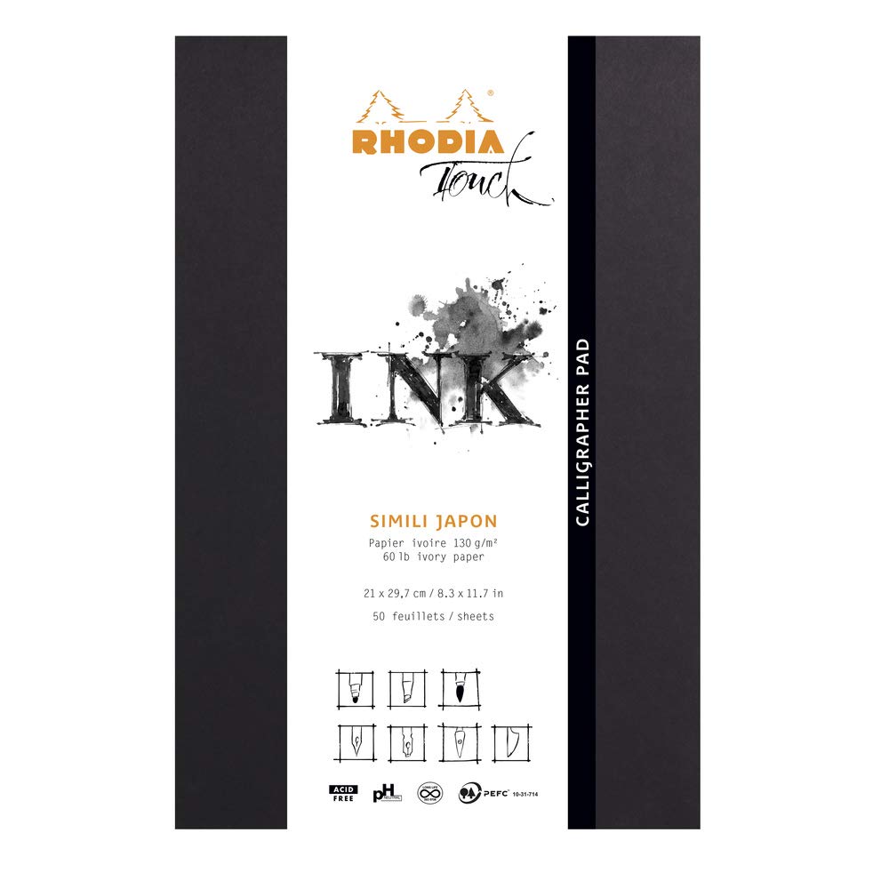 RHODIA TOUCH 116123C - Calligrapher Pad A4 - 50 Sheets - Clairefontaine Imitation Japan Natural Plain Ivory Paper 130 g/m - for Drawing and Calligraphy, Suitable for India Ink