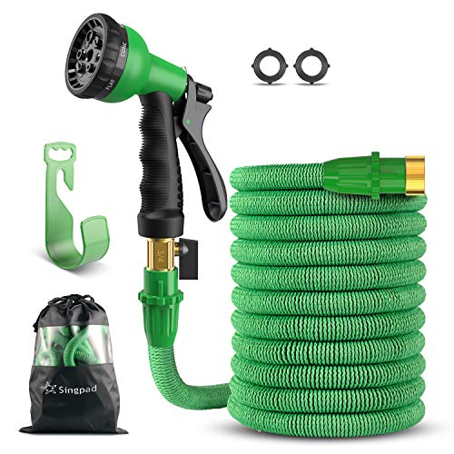 SingPad Garden Hose,100ft Expandable Water Hose, On/Off Valve,3/4" Solid Brass,Durable, Kink-Free Hose end 8-Pattern Spray Nozzle and Hose Storage Bag (100ft Green) - Thumbnail 7