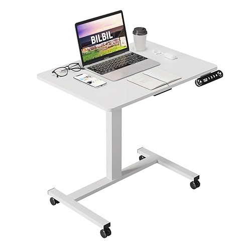 bilbil Electric Standing Desks with Lockable Wheels, 32 * 24 inch Height Adjustable Sit to Stand Desk, Overbed Laptop Table Desk, Mobile Rolling Desk, Portable Work Table for Home & Office, White