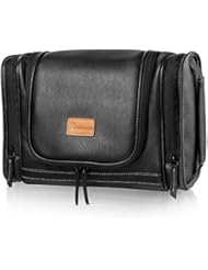 MIRASON Hanging Toiletry Bag for Men Dopp Kit Waterproof Leather Travel Organizer with Sturdy Metal Hook and Handle for Bathroom Shower Cosmetics Camping Brushes Shaving (Black)