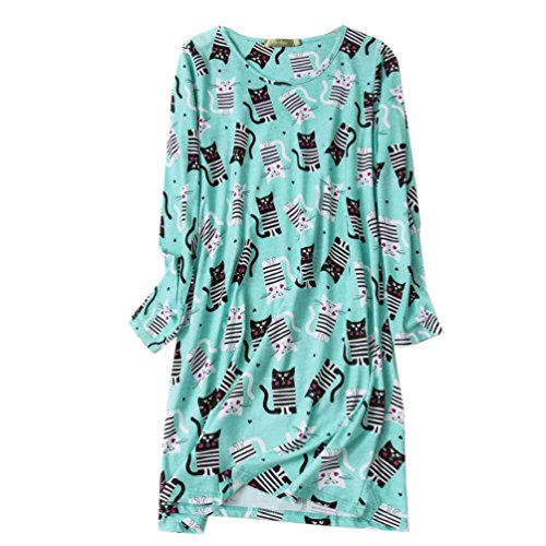 Women's Cotton Sleepwear Long Sleeves Nightgown Print Tee Sleep Dress (X-large, Green)