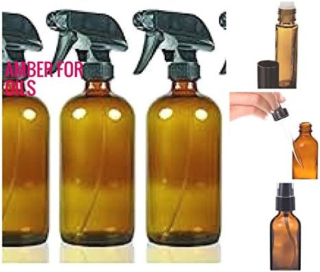 26 Piece Amber Essential Oil DIY Kit: Four of Each-16 Oz Sprayer Bottles, Four 10oz Roller Balls, Four 2oz Sprayer Bottles, Recipes, 12 Labels and an Oil Dropper!