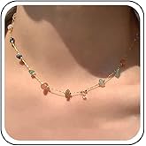 Aneneiceera Boho Colorful Clear Crystal Choker Necklace Gold Tiny Crystal Pendant Necklace Small Rainbow Rhinestone Dangle Necklaces Multi Color Cz Necklaces Chain Jewelry for Women