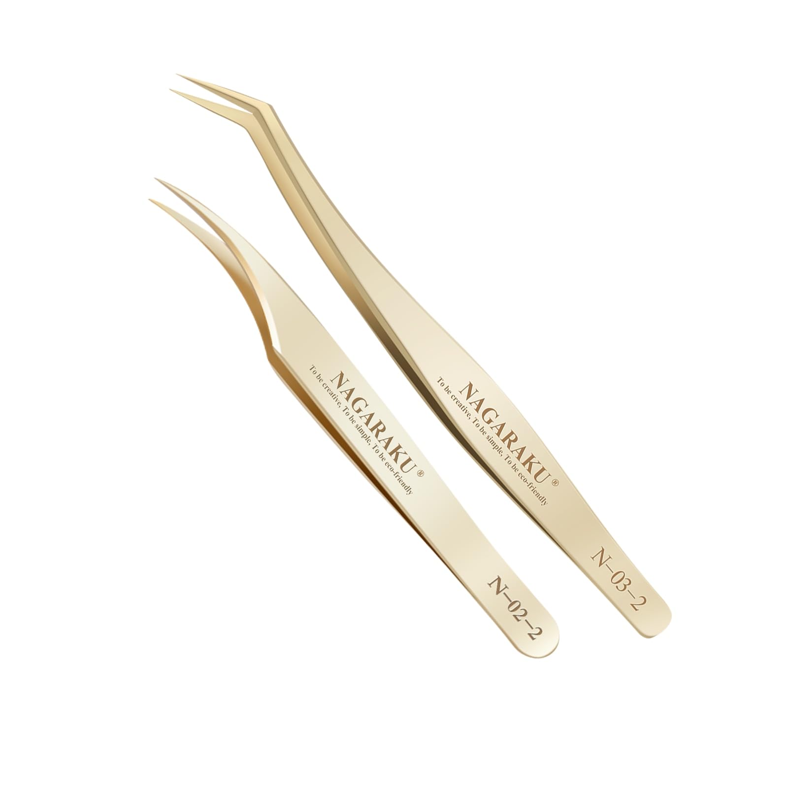 NAGARAKU Eyelash Extension Tweezers Gold Straight Curved 1 Pair Angled Long tip Volume Cluster Light Weight Easy Fanning Tweezers Stainless Steel Precision（N-02-2 & N-03-2）