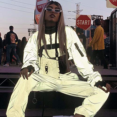 Women Sexy Long Sleeve Zipper Bomber Jacket Gray Reflective Crop Top Coat Short Coat Festival Party Rave Outfit - Thumbnail 3