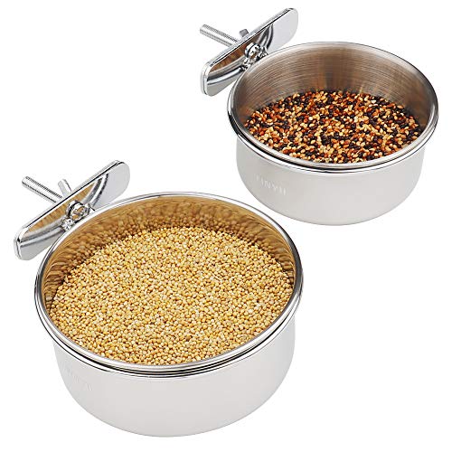 FinYii 2Pack Bird Parrot Feeding Cups with Clamp, Stainless Steel Food