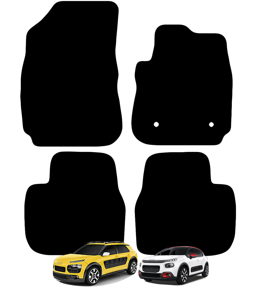 Carsio Carpet Car Mats For Citroen C4 Cactus 2014 to 2020 4 Piece Set with 2 Clips Tailored Fit Floor Mat Complete Accessory Black Custom Fitted - All Weather, Anti-Slip Backing & Black Trim