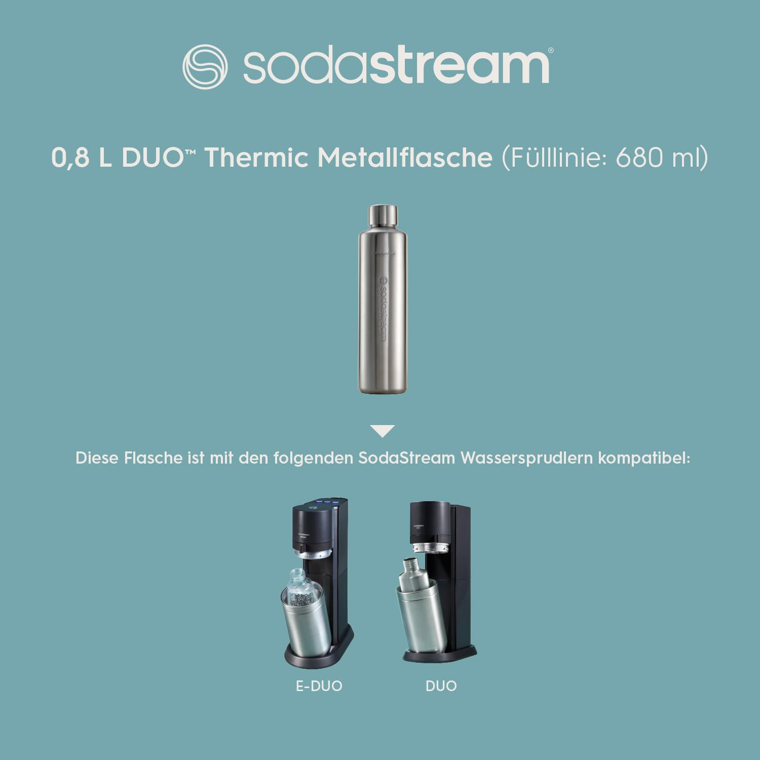 SodaStream 0,8L DUO Thermic Metallflasche Edelstahl | Spülmaschinengeeignet | Kompatibel mit DUO & E-DUO | Hält bis zu 12 Stunden warm & kalt | 1er-Pack 6
