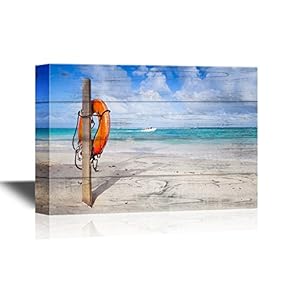 Canvas Wall Art - Red Round Life Buoy Hanging on Wooden Pole - Gallery Wrap Modern Home Art | Ready to Hang - 12x18 inches