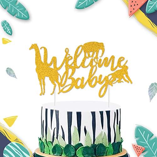 Jungle Safari Welcome Baby Cake Topper Gold Glitter Wild Animal Zoo Themed for Baby Shower Boys Kids 1st Birthday Party Supplies Cake Decorations…