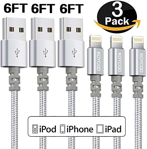 iPhone Charger,KOYCGD Lightning Cable 6FT USB Charging Cable Nylon Braided Cord for iPhone iPod iPad Mini Air Pro and More (3 PACK Silver)