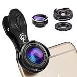 Non-Distortion HD Cell Phone Camera Lens Kits,with 198°Fisheye Lens 0.6X Super Wide Angle Lens 10X Macro Lens,Universal for iPhone Samsung By G&C (Black)	